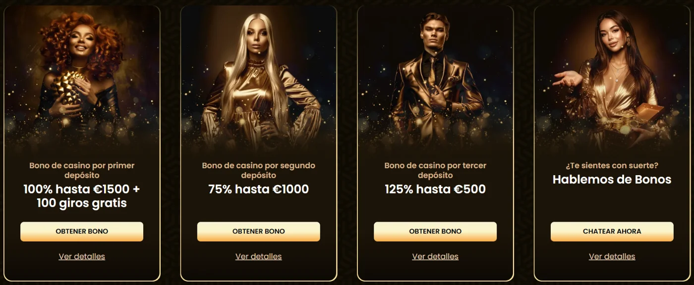 Bonos de depósito de GoldSpin Casino con 100% hasta 1.500 € y 100 giros gratis en el primer depósito, 75% hasta 1.000 € en el segundo y 125% hasta 500 € en el tercero